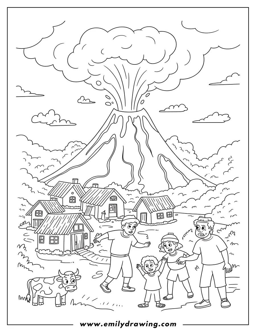 Line art of a family and a cow escaping a volcano eruption. Houses and trees are in the foreground and a volcano erupts in the background.