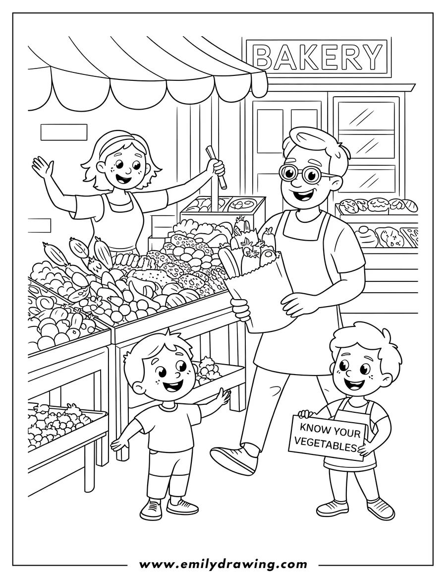 Line art of a family at a farmers market. A woman stands behind a table full of various vegetables. A man holds a bag of groceries. Two children stand near the table, one holding a sign promoting vegetable knowledge.