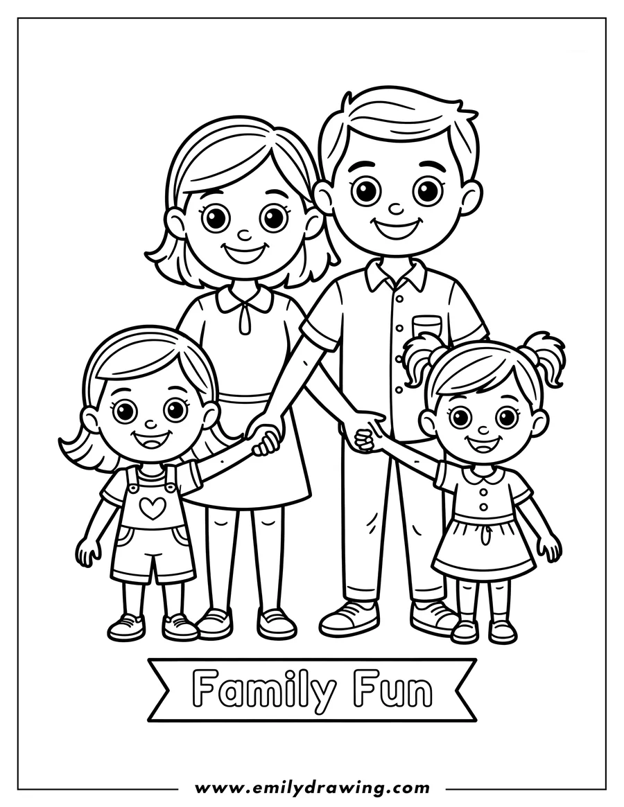 Line art of a mother and father each holding a daughter's hand. The whole family is smiling.