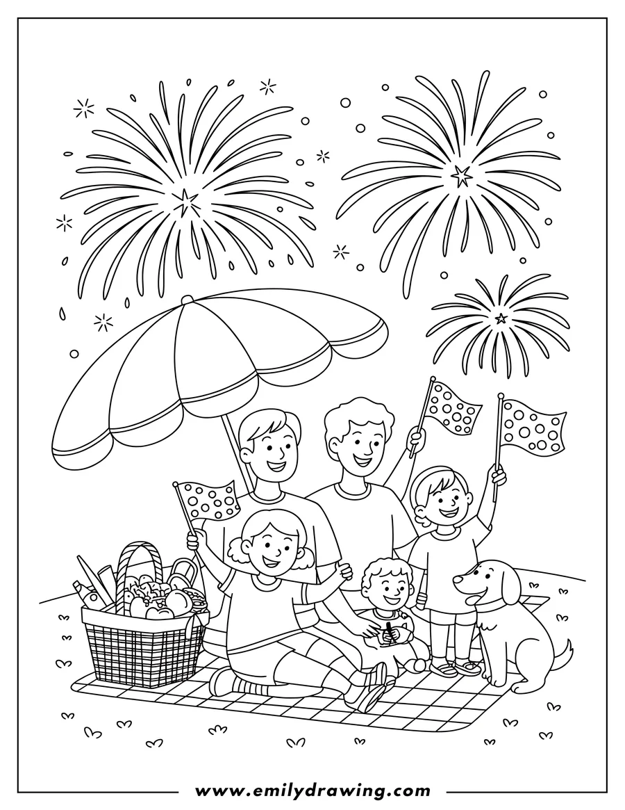 Line art of a family enjoying an Independence Day picnic. They are sitting on a blanket under an umbrella, waving flags with a picnic basket beside them, a dog sits patiently nearby, and fireworks burst overhead.