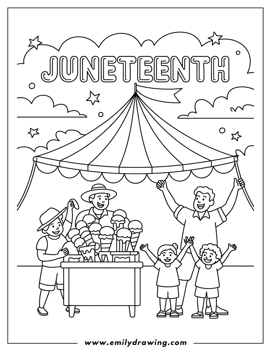 Line art of a family celebrating Juneteenth at a festival with ice cream under a tent.