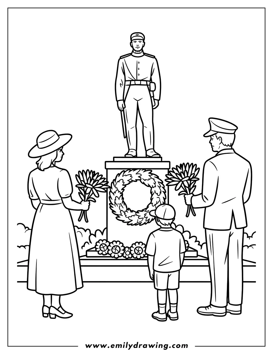 Line art of a family visiting a soldier statue on Memorial Day. They are holding flowers and there's a wreath at the base of the statue.