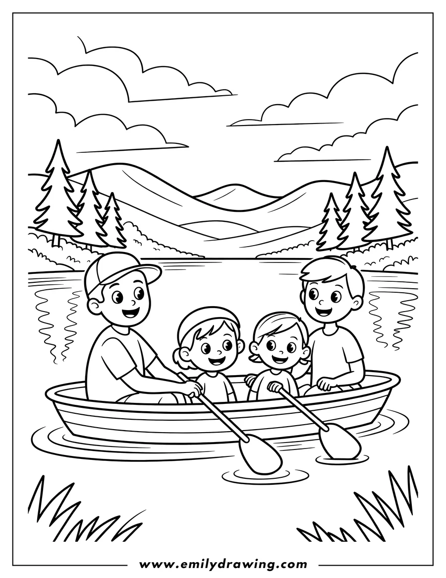 Outline of a family of four rowing a boat on a lake, with trees and hills in the background.