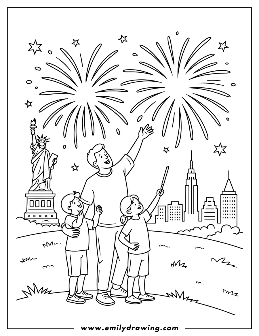Line art of a family watching fireworks. They are sitting on a blanket. The background has stars and bushes.