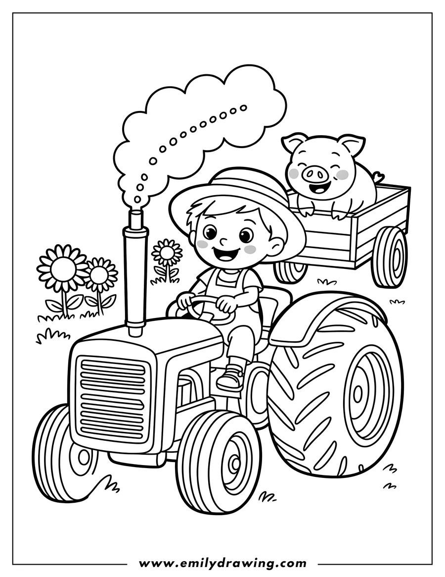 Line art of a farmer driving a tractor pulling a cart with a pig in it. There are flowers and grass in the background.