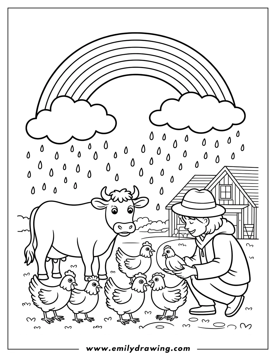 Line art of a farmer holding a chicken, with other chickens and a cow nearby in a field. A barn is visible in the background. Rain is falling and a rainbow arcs across the top.