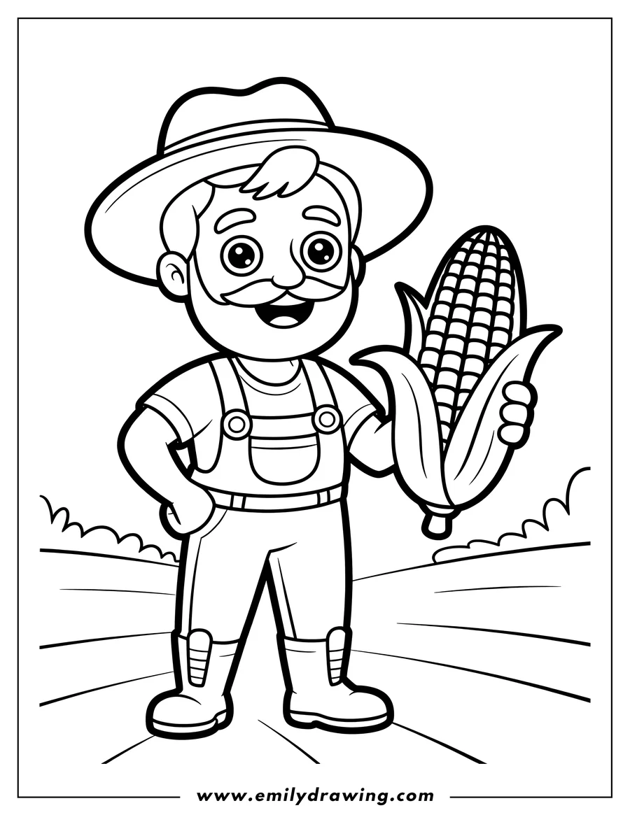 Line art of a cheerful farmer holding a large ear of corn.