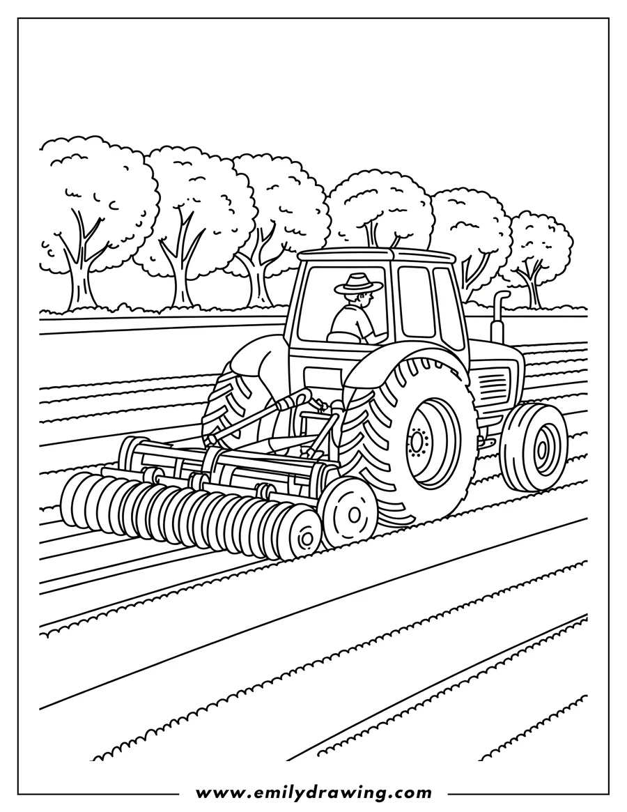 Outline of a farmer driving a tractor through a field near some trees.