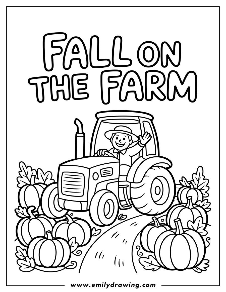 Outline of a smiling farmer waving from his tractor in a pumpkin patch. Many pumpkins surround the tractor.