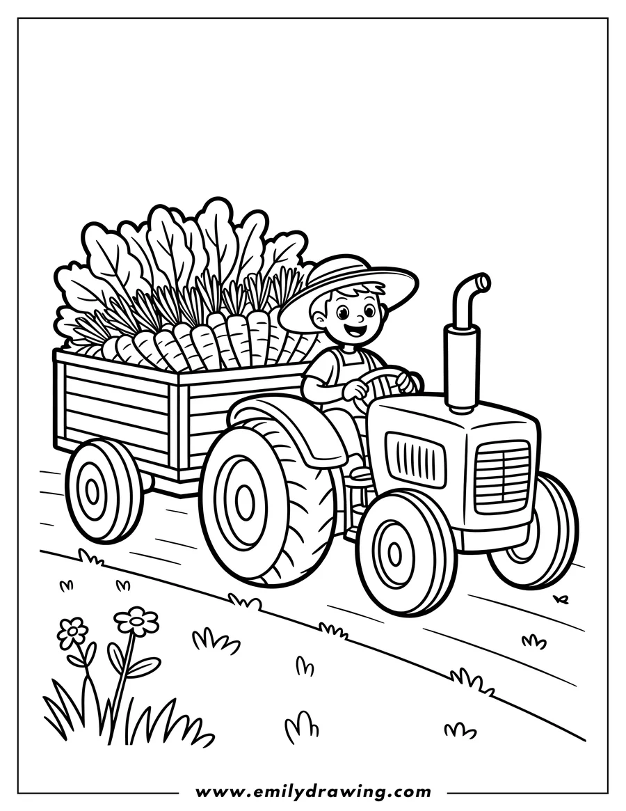 Line art of a farmer driving a tractor pulling a cart full of carrots.