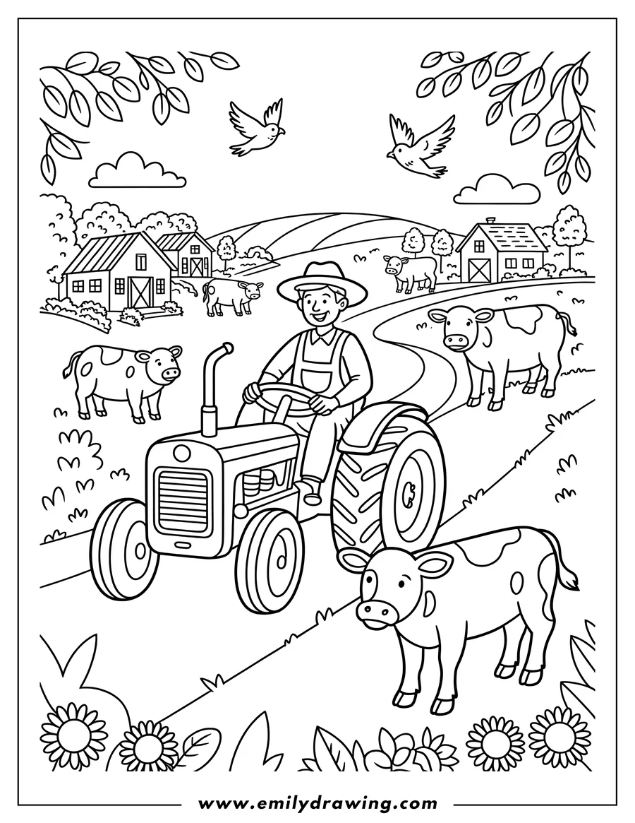 Outline of a farmer driving a tractor in a field with cows, barns, and trees in the background.