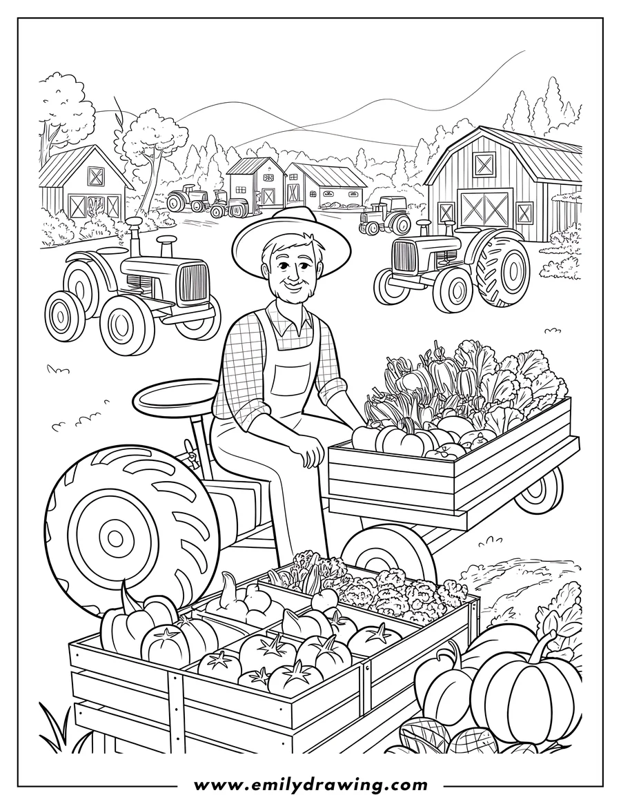 Line art of a farmer on a tractor pulling a cart full of vegetables like pumpkins, tomatoes, corn, and lettuce, with other tractors and barns in the background on a farm.