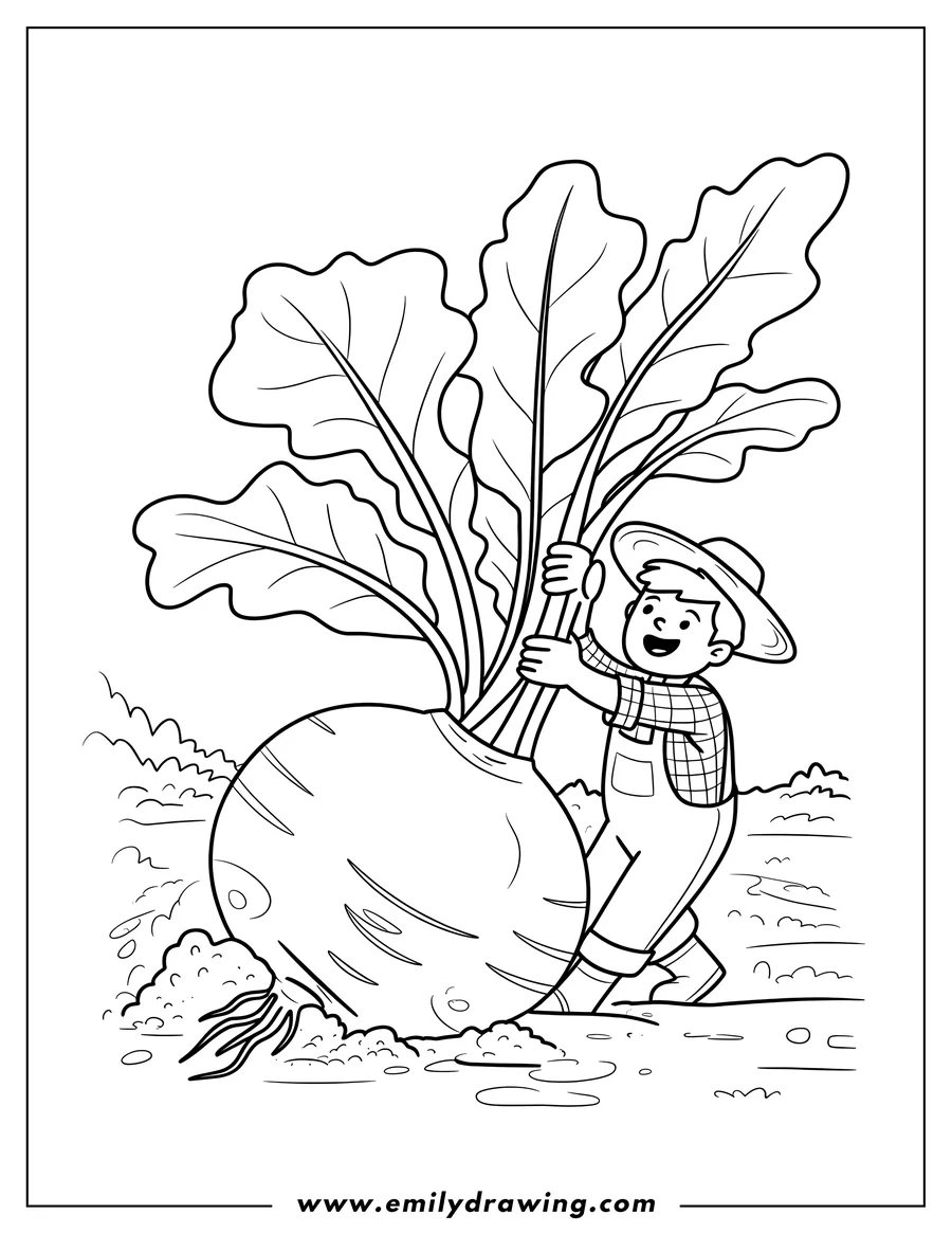 Line art of a farmer pulling a large beet from the ground.