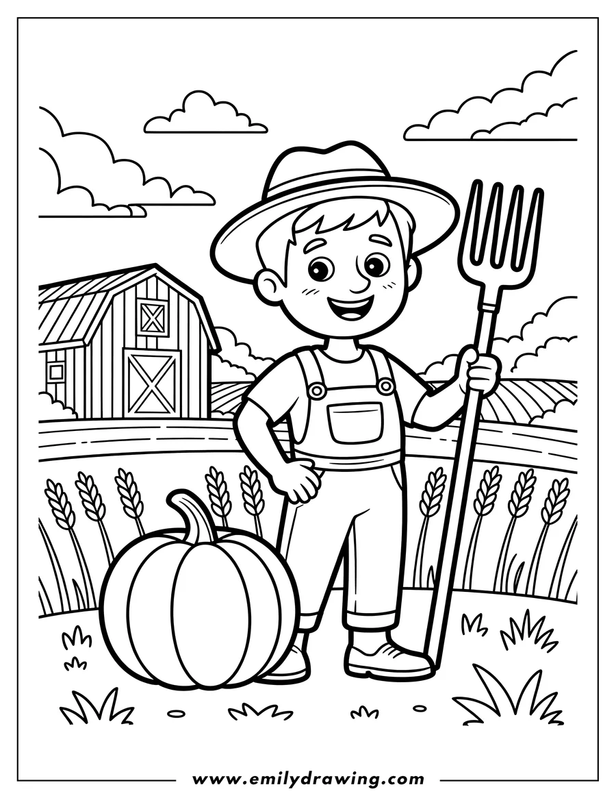 Outline of a smiling farmer in overalls and a hat, holding a pitchfork and standing next to a large pumpkin, with a barn and wheat field in the background.