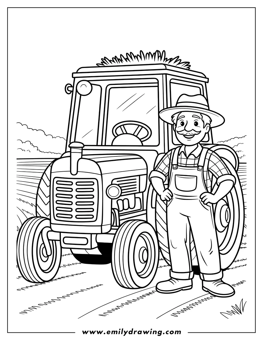 Line art of a smiling farmer standing next to his tractor in a field.