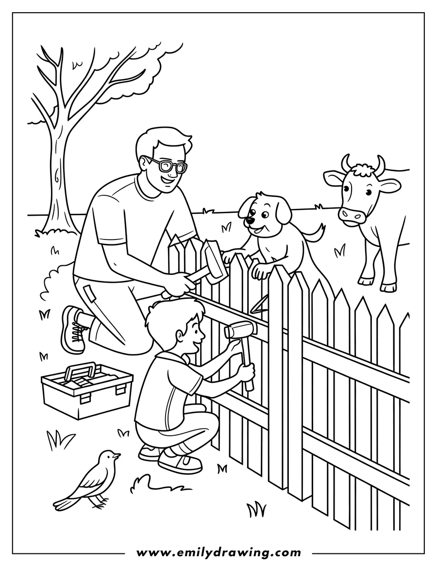 Outline of a father and son building a wooden fence with a dog and cow watching nearby.