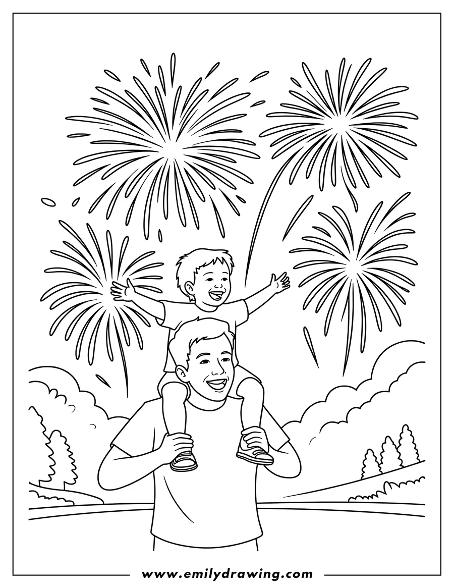 Outline of a father and son watching a fireworks display. The boy sits on his father's shoulders, both with joyful expressions, as fireworks burst in the background.