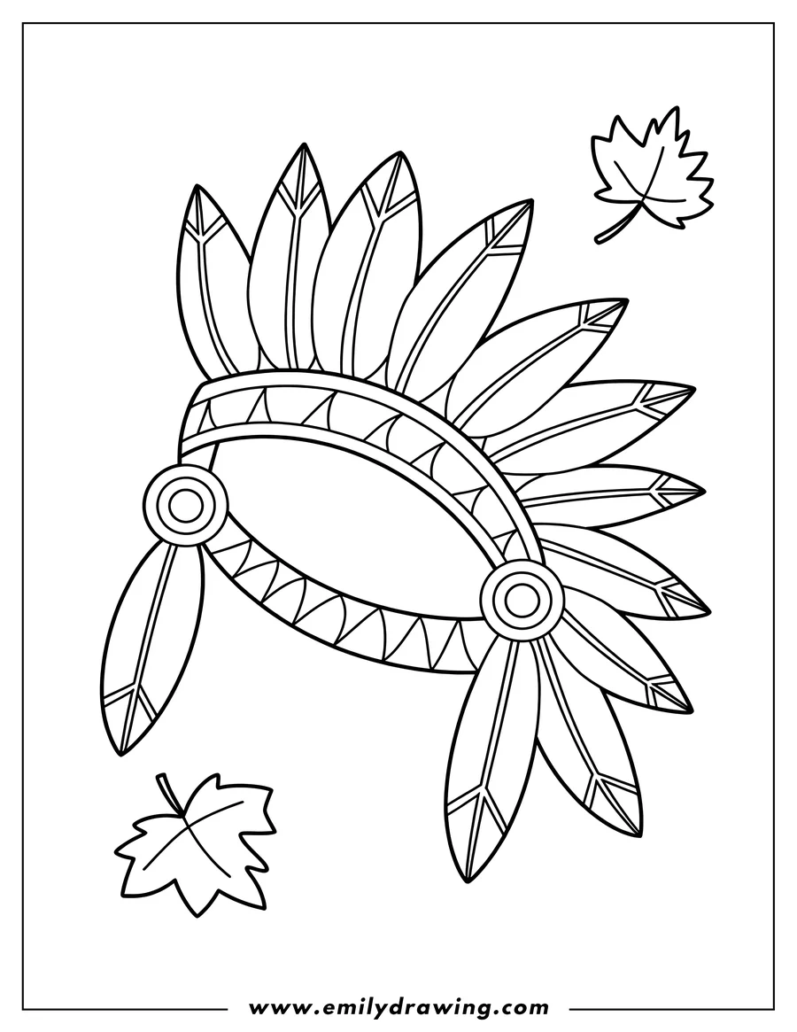 Outline of a feathered hat with two autumn leaves.