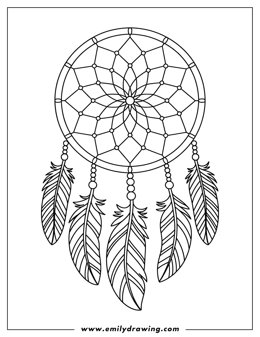 Line art of a dreamcatcher with beads and feathers.