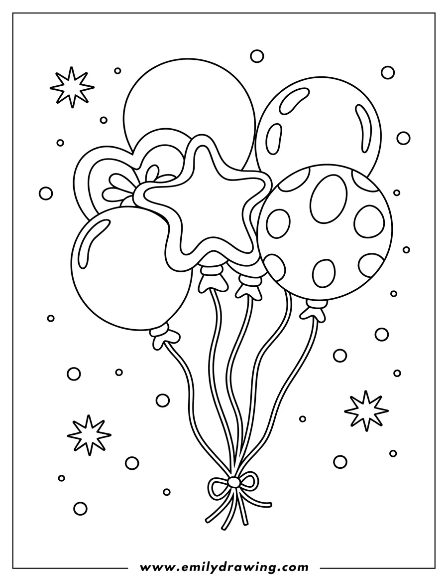 Line art of a festive bunch of balloons tied with a ribbon, ready to be colored.