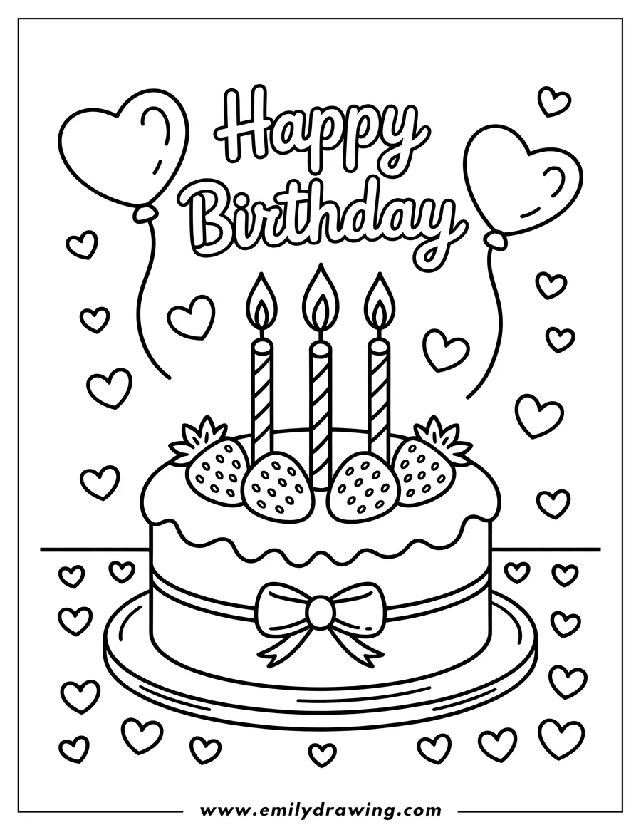 Outline drawing of a birthday cake with lit candles, strawberries on top, and a bow around the base. Floating heart-shaped balloons and small hearts surround the cake.