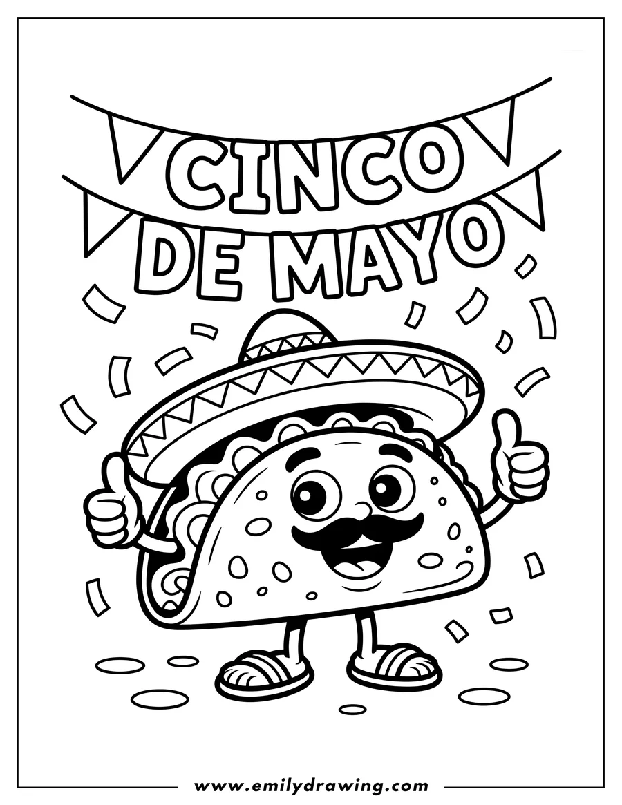 Line art of a cheerful taco wearing a sombrero and giving two thumbs up, with a 'Cinco de Mayo' banner and confetti in the background.