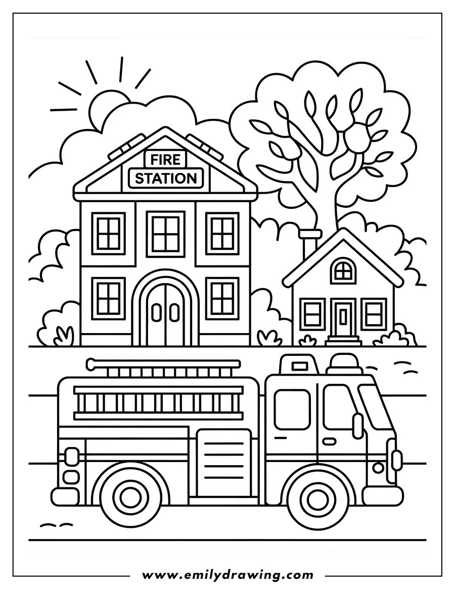 Outline drawing of a large fire truck parked on the street in front of a two-story building labeled 'FIRE STATION'. A residential house and a large tree are visible in the background.