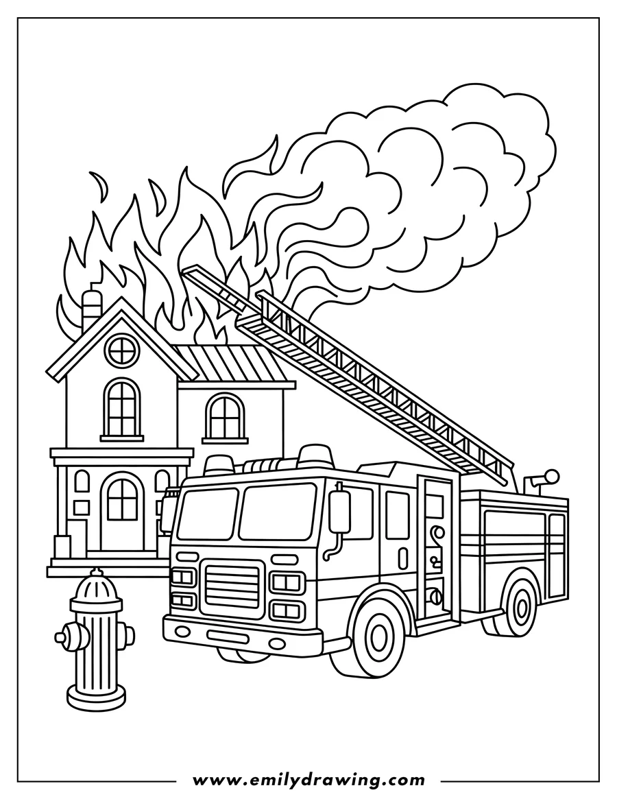 Outline of a large fire truck with an extended ladder parked in front of a two-story house engulfed in flames and thick smoke. A fire hydrant stands in the foreground.