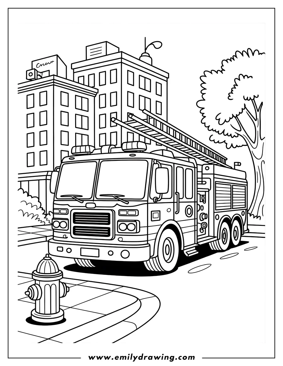 Outline of a large fire truck engine parked on a city street next to a fire hydrant, with tall buildings and a tree in the background.