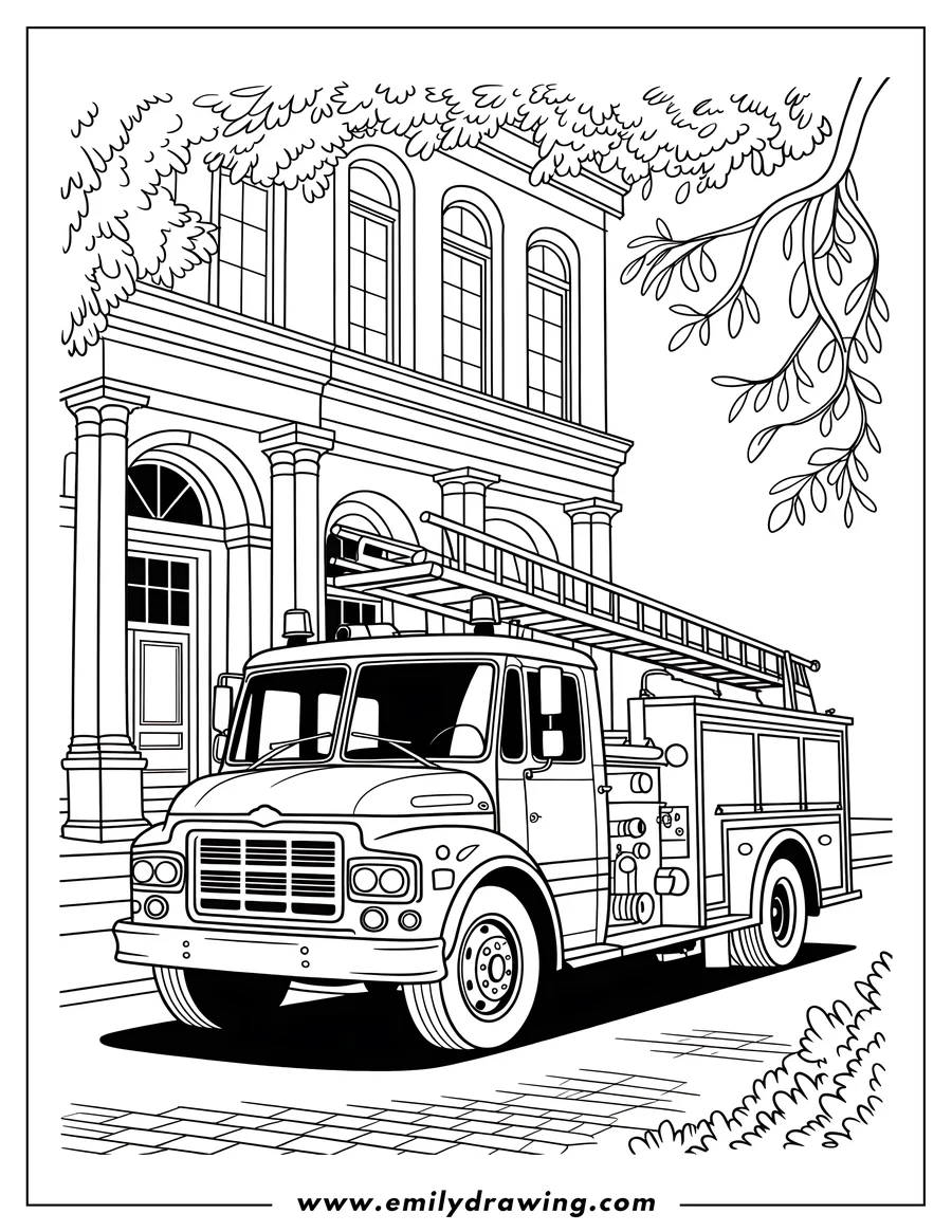 Outline of a classic pumper fire truck with a ladder on top, parked directly in front of a grand, multi-story municipal fire station building.