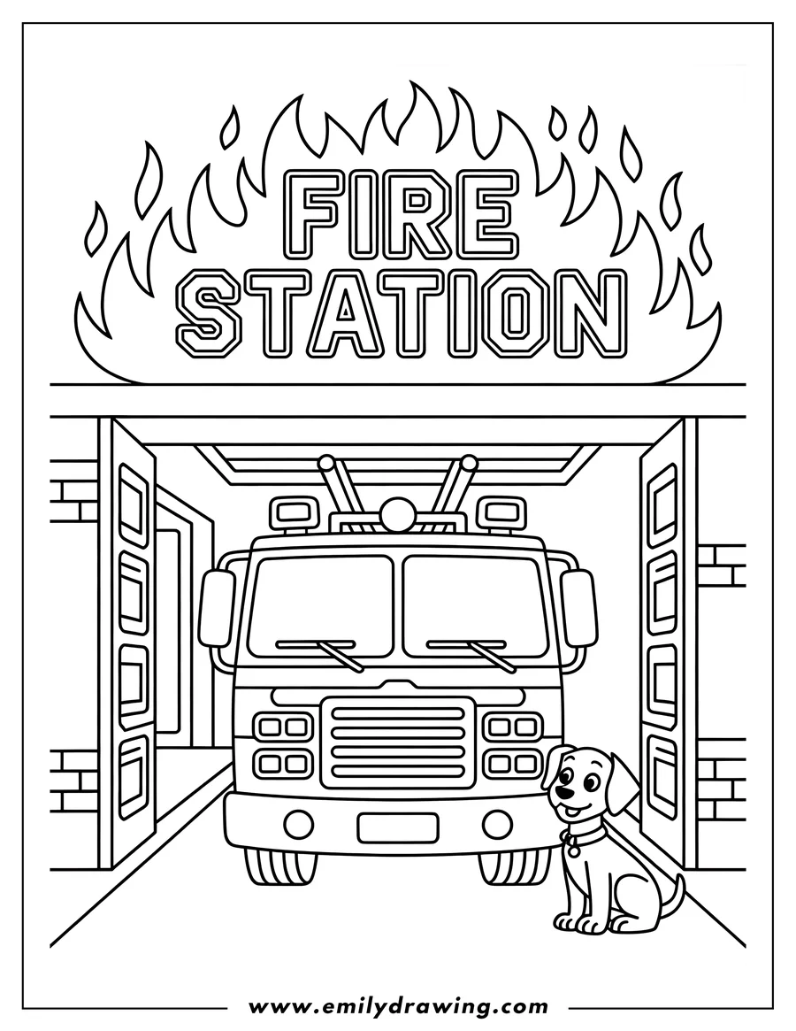 Outline of a large fire truck parked inside a brick fire station bay, with a small, cheerful dog sitting patiently near the front bumper.