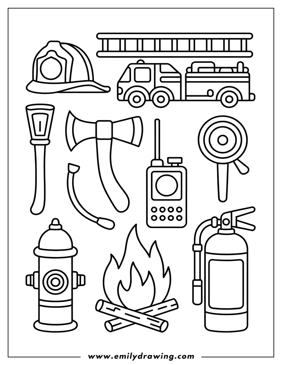 Outline featuring a collection of essential firefighter gear: a fire truck, helmet, axe, ladder, fire hydrant, fire extinguisher, radio, and burning logs.