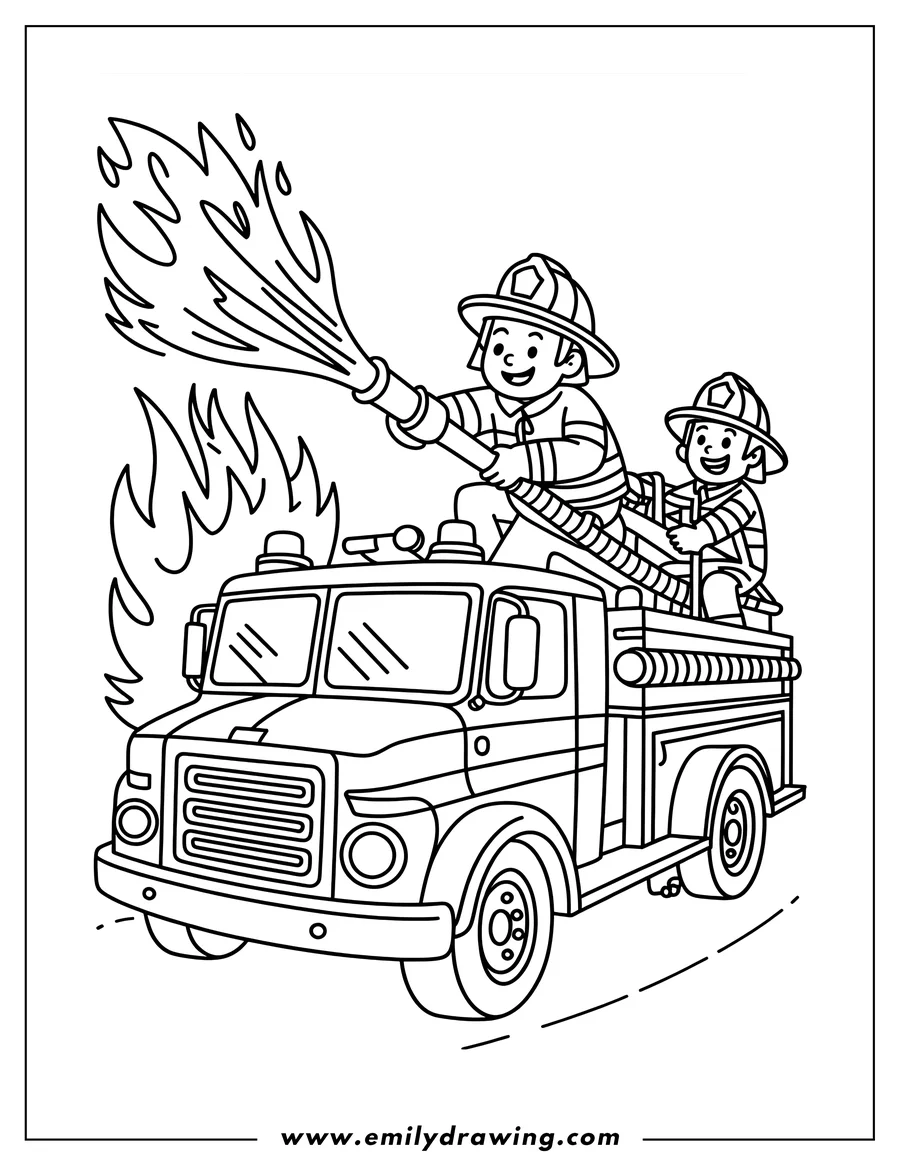 Outline of two smiling firefighters standing on a moving fire truck, using a hose to spray water onto a nearby fire.