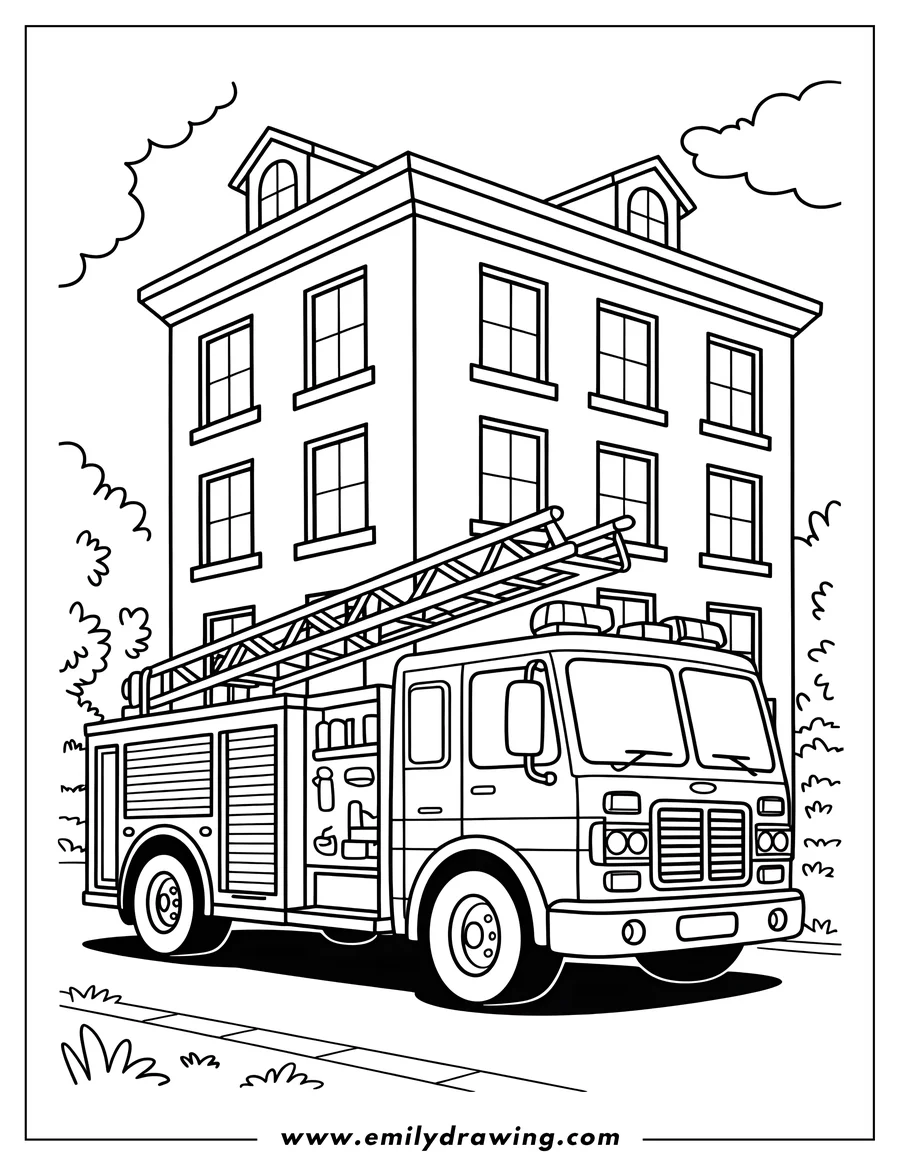 Outline of a detailed fire truck with a large extension ladder on its roof, parked on a street in front of a multi-story city building.