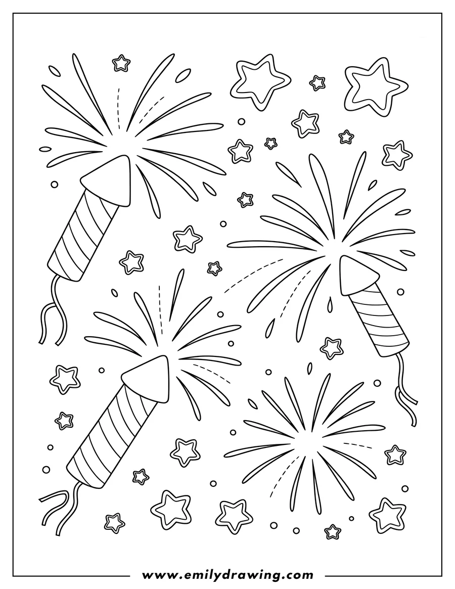 Outline of three firecrackers with sparks and stars around them.