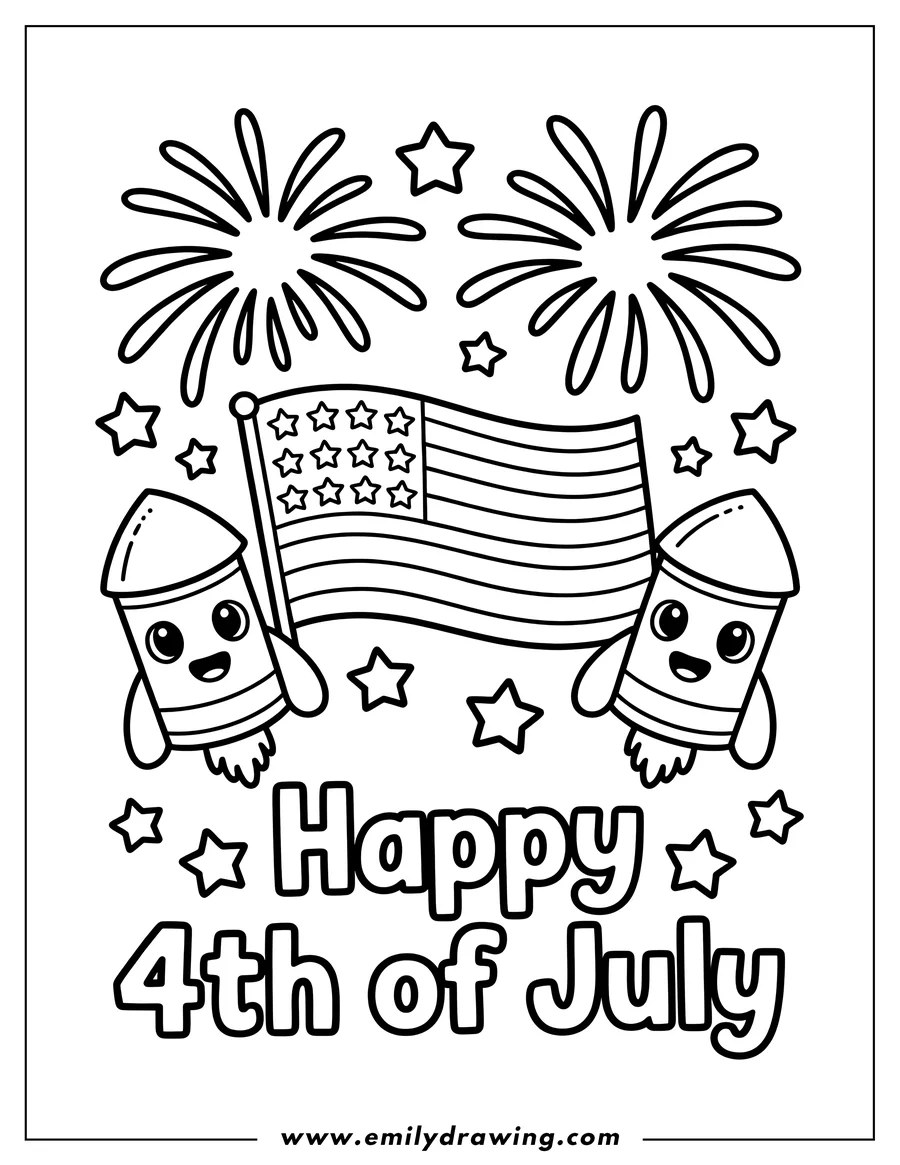 Line art of two smiling firecrackers holding an American flag, with fireworks and stars in the background. Perfect for 4th of July celebrations.