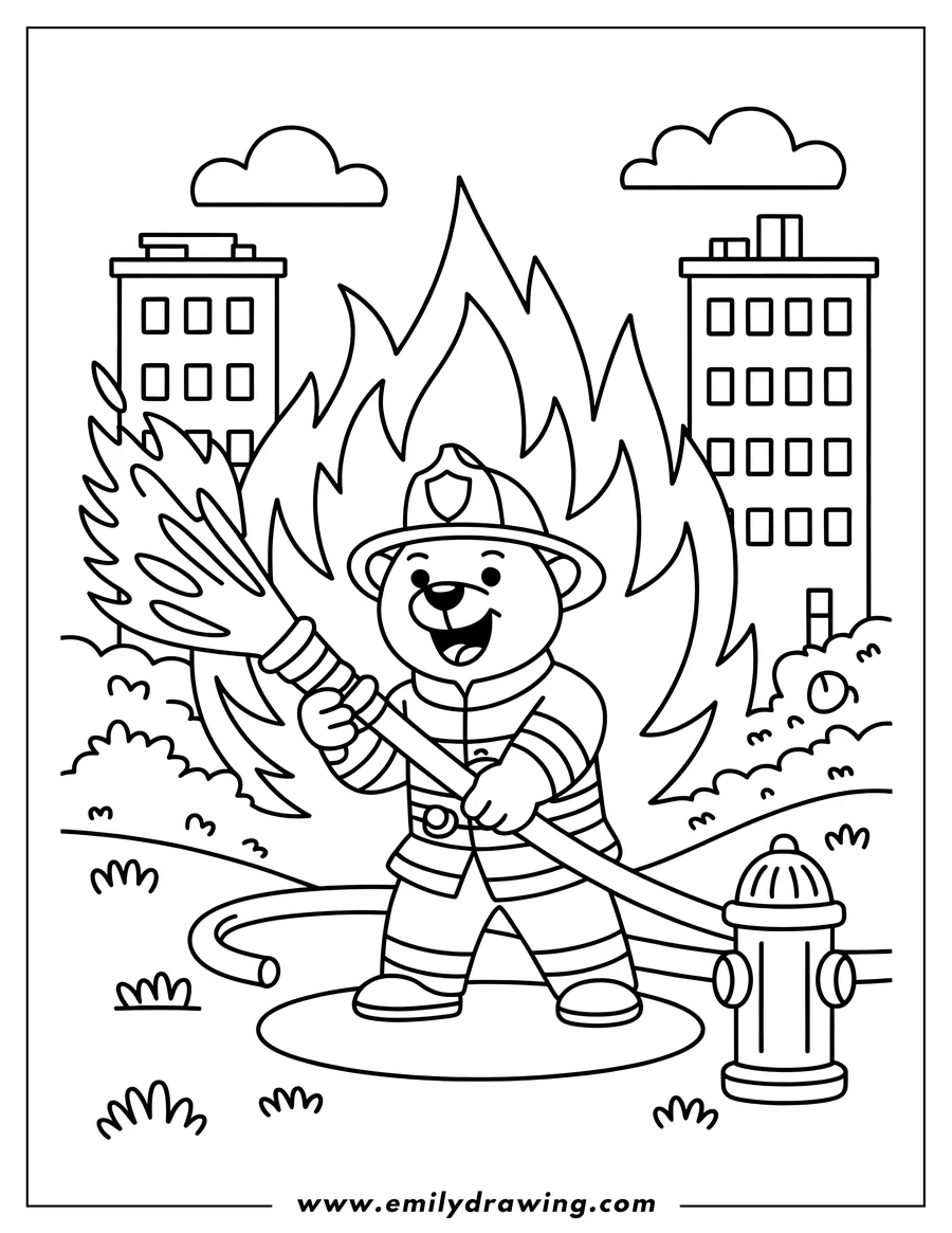 Outline of a cartoon bear dressed as a firefighter, actively spraying a large fire with a hose connected to a fire hydrant, set in front of large city buildings.