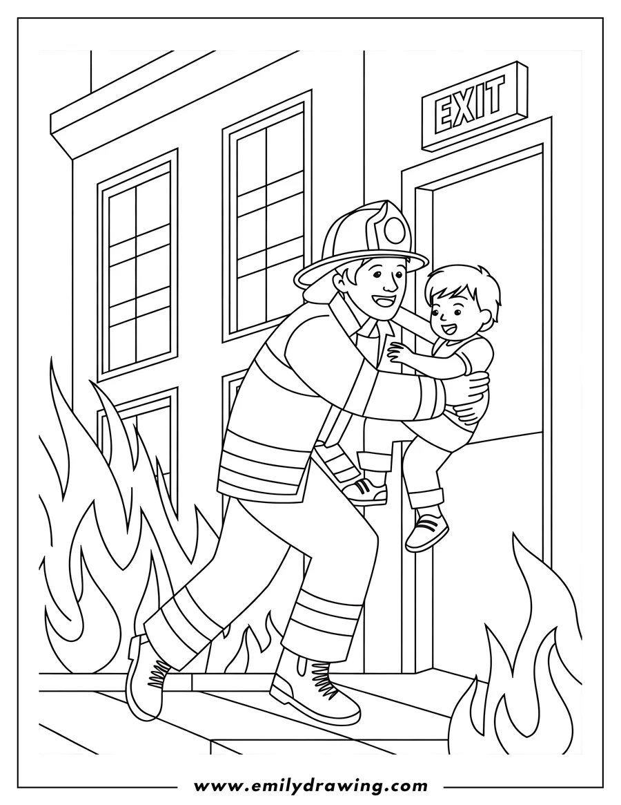 Outline of a firefighter in uniform carrying a smiling child while running out of a building exit surrounded by flames.