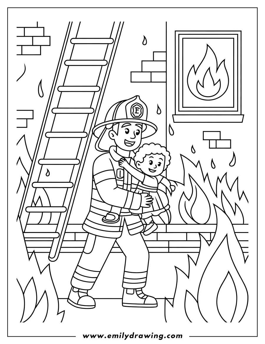 Outline of a smiling firefighter in uniform carrying a child away from large flames inside a burning building, with a ladder visible next to a brick wall.