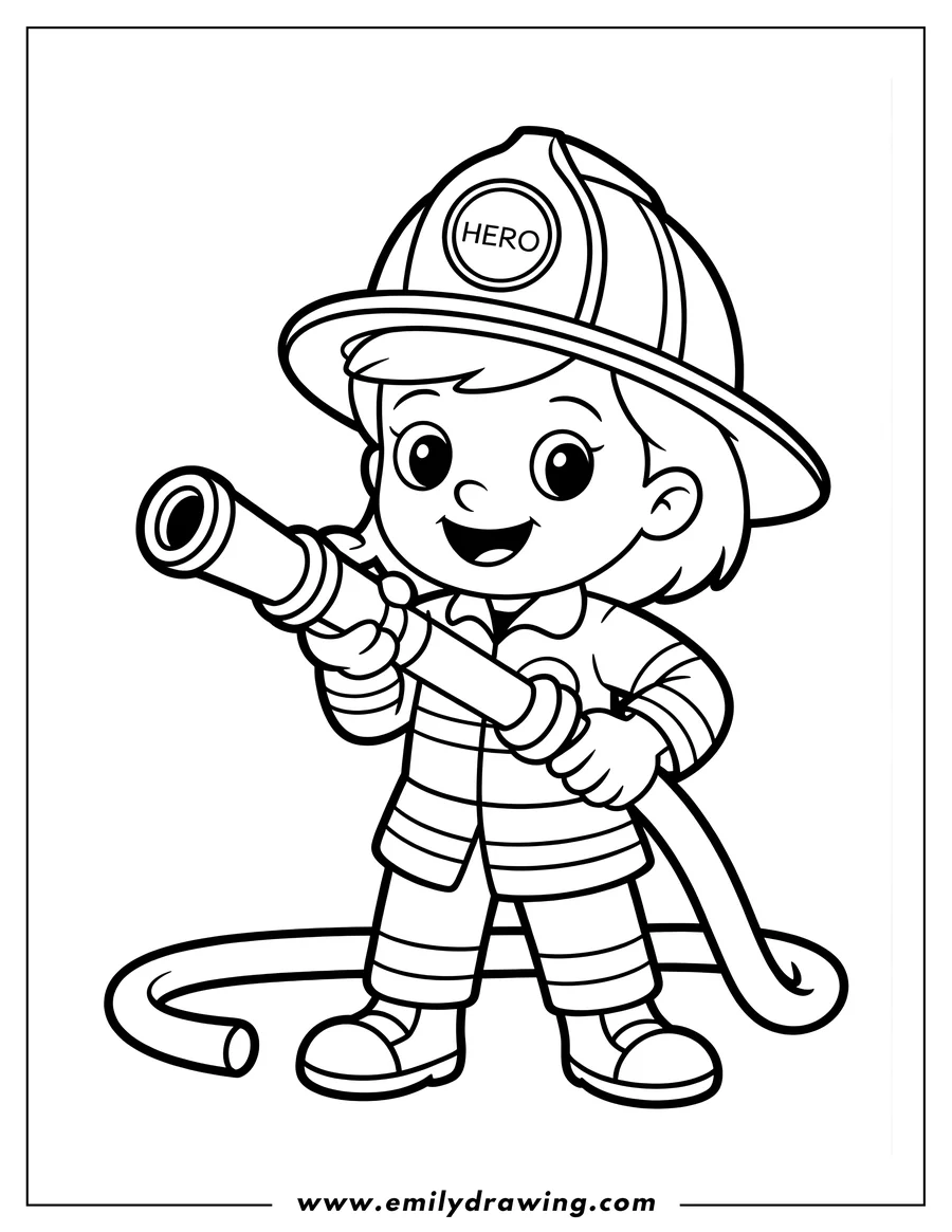 Outline of a cartoon child dressed as a firefighter, smiling happily while holding and aiming a large fire hose.