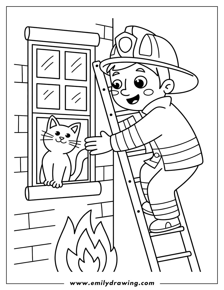 Outline of a cartoon firefighter climbing an extension ladder toward a window where a small cat is sitting. Stylized flames are visible near the bottom of the brick wall.