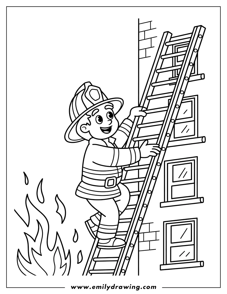 Outline of a cartoon firefighter in full uniform and helmet climbing a tall extension ladder leaning against a brick building, with detailed flames visible near the bottom.