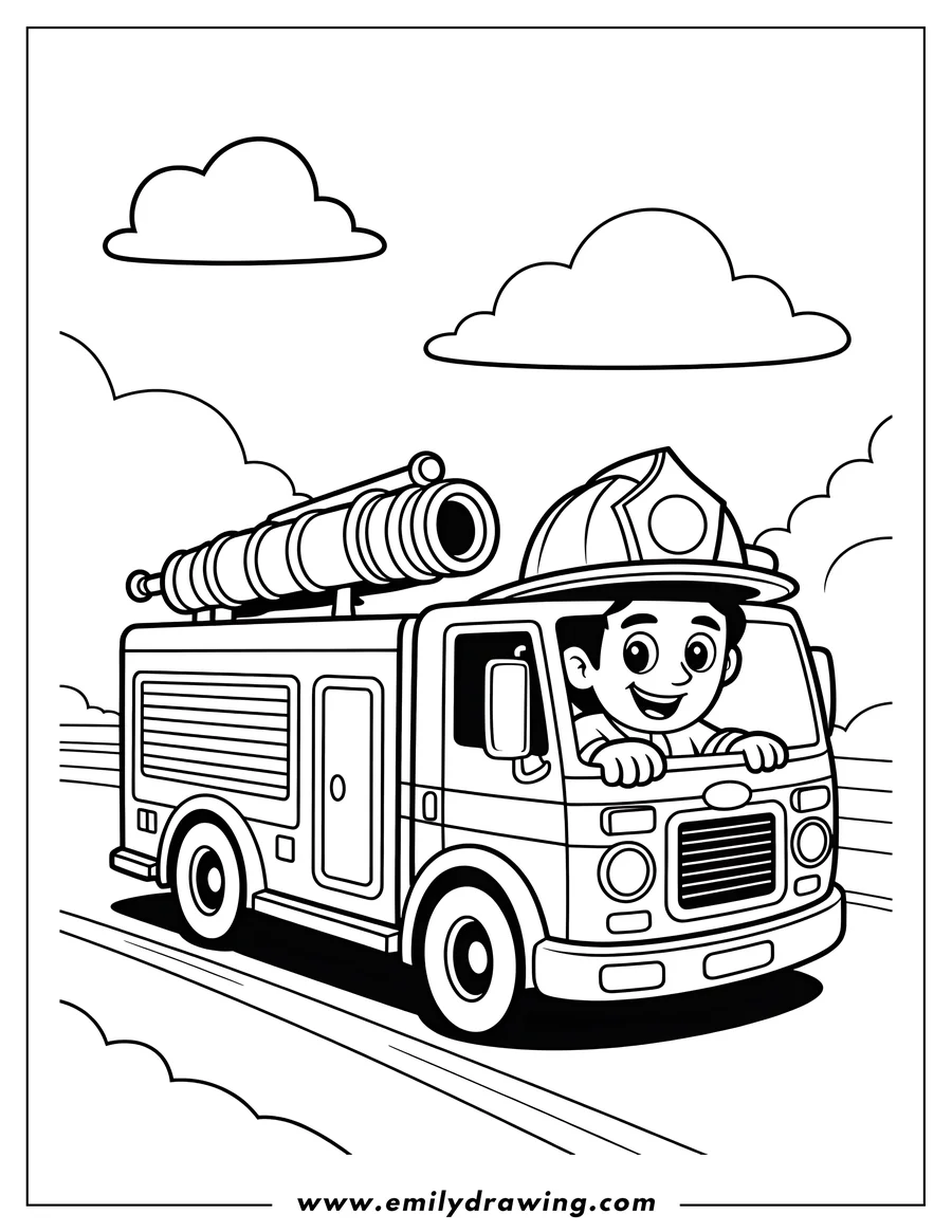 Outline of a smiling firefighter child driving a fire truck down a road. The truck features a large water cannon mounted on the roof.