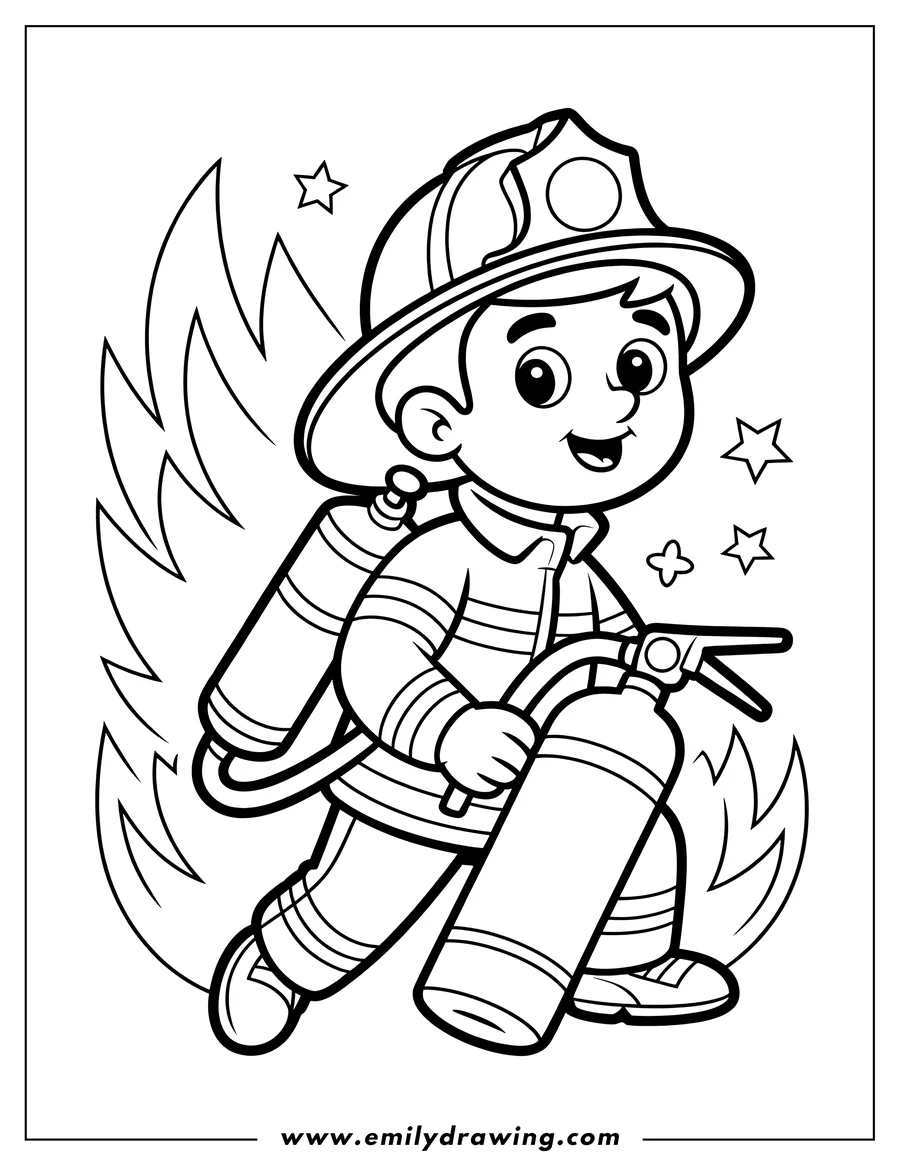 Outline of a cartoon firefighter character running into action while holding a large fire extinguisher. He is wearing a helmet and oxygen tanks, with stylized flames surrounding him.