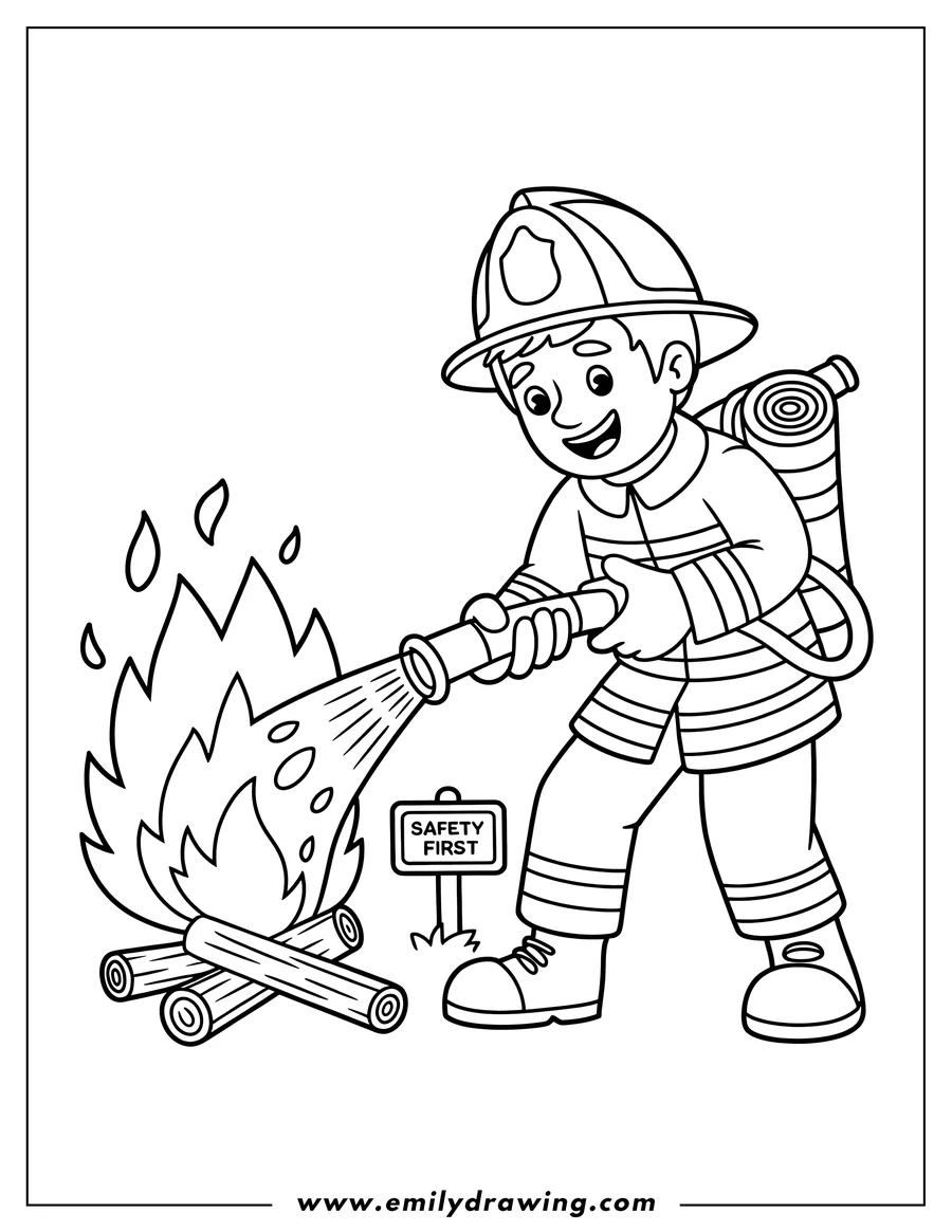 Outline of a cheerful firefighter in full uniform and helmet using a hose to extinguish a campfire made of logs, with a