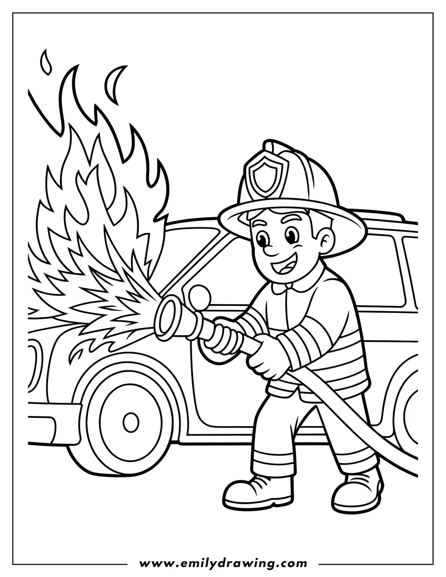 Outline of a smiling firefighter wearing a helmet and uniform, actively aiming a hose to extinguish a large fire coming from the front of a passenger car.