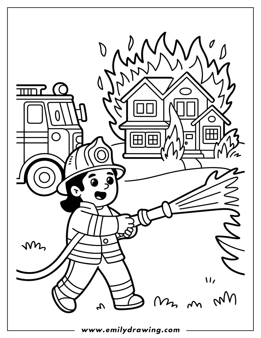 Outline of a firefighter using a hose to extinguish a house fire, with a firetruck in the background.