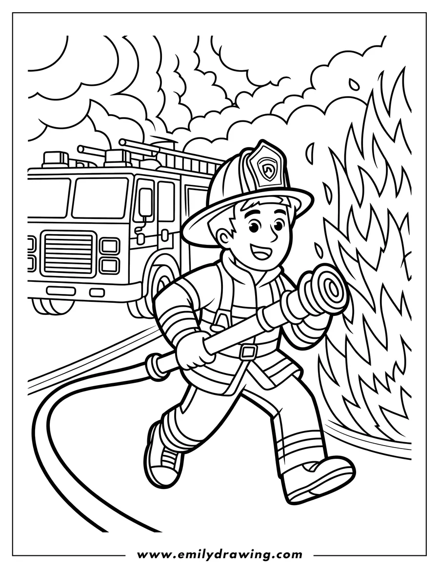 Outline of a smiling firefighter running forward in full gear, holding a water hose nozzle toward large flames. A fire truck is parked behind him, and smoke fills the background.