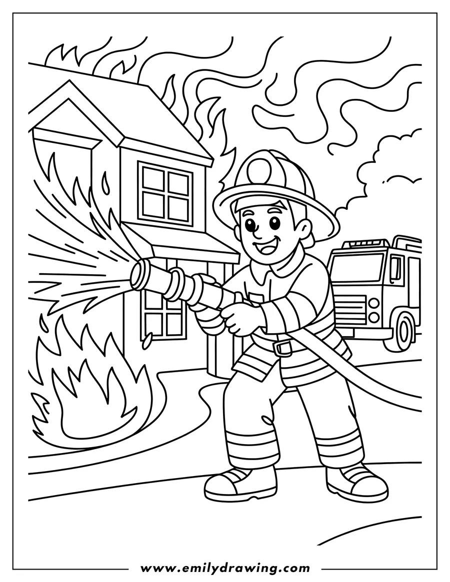 Outline of a happy firefighter in full gear using a hose to spray water onto a house engulfed in flames. A large fire truck is parked in the background.