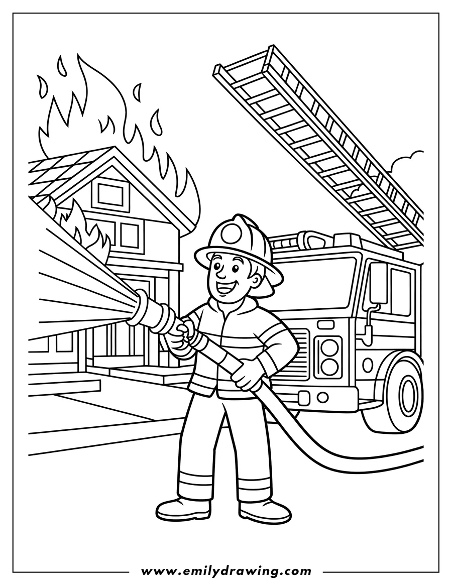 Outline of a smiling firefighter in full uniform aiming a hose at a two-story house with flames visible on the roof, alongside a large fire truck and extended ladder.